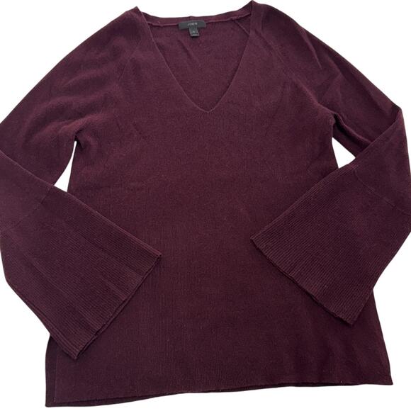 J Crew Sweater Womens Large Burgundy Wool Blend V Neck Bell Sleeve Pullover Knit - Picture 1 of 7